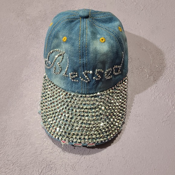 Popfizzy Accessories - Popfizzy Denim Distressed BLESSED Adjustable Baseball Cap Rhinestone Bling